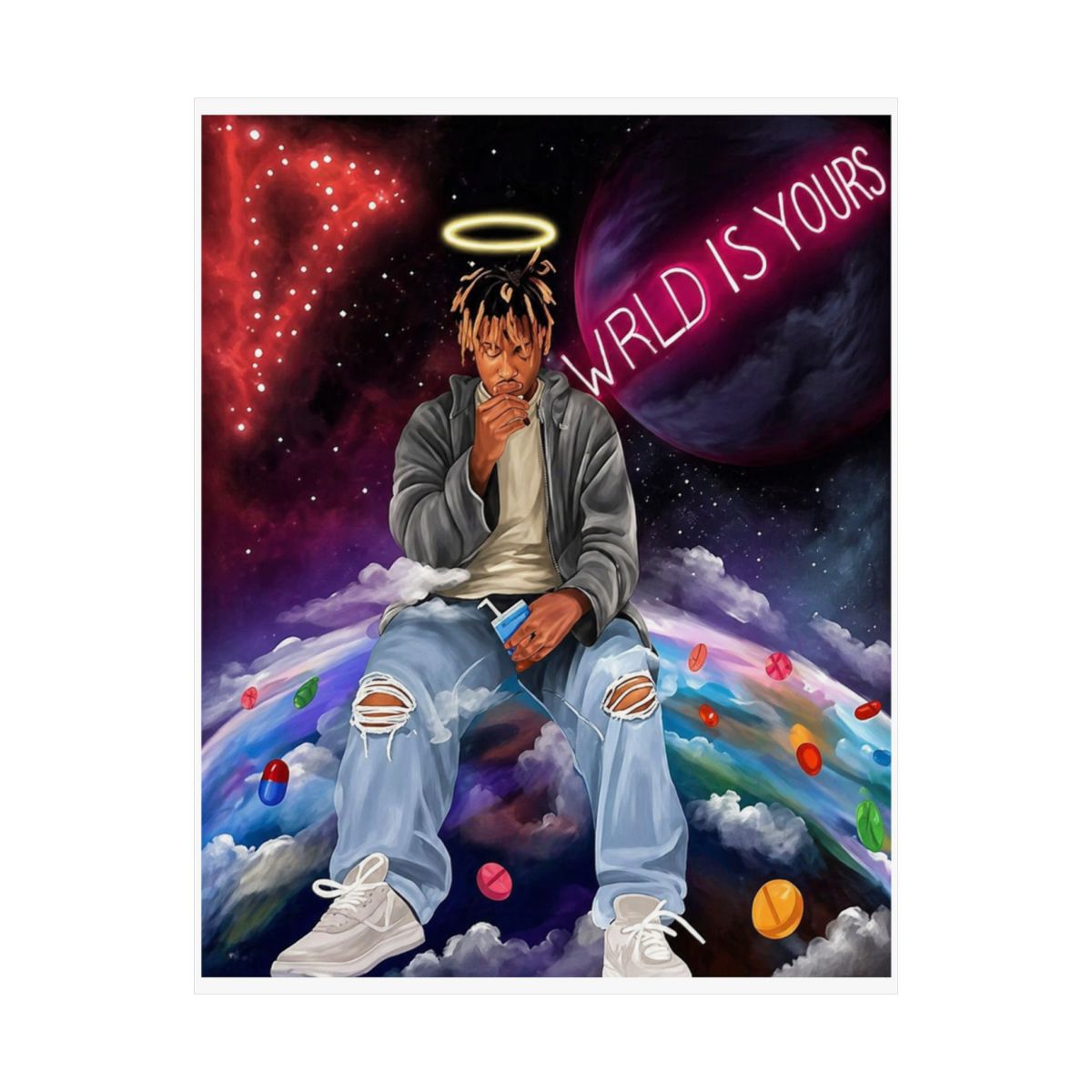 Juice WRLD Posters Wall Art Decor - 8X10 inch Vibrant Rapper Tribute Artwork with Halo and Neon "WRLD is Yours", Music-Inspired Poster for Bedroom or Studio Decoration