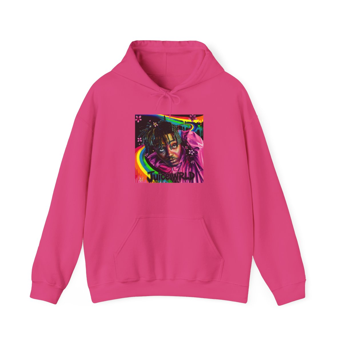 Art print featuring a portrait of a person with dreadlocks, wearing a pink hoodie. The background includes a rainbow, flowers, and the name "Juice WRLD". The artwork is colourful and vibrant, with a... - alternate angle 4, merchandise