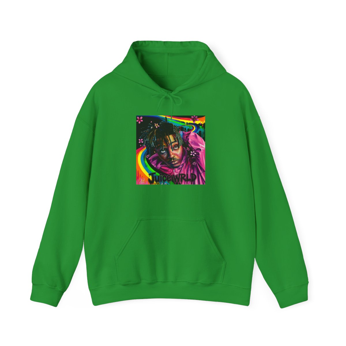 Art print featuring a portrait of a person with dreadlocks, wearing a pink hoodie. The background includes a rainbow, flowers, and the name "Juice WRLD". The artwork is colourful and vibrant, with a... - Juice WRLD official Hoodies merch