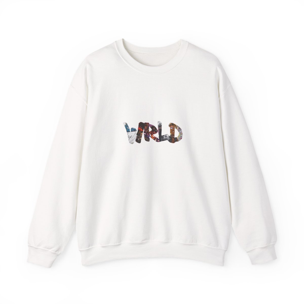 Black crew neck sweatshirt featuring the word "WRLD" in a colourful collage design and the number "999" in white. A casual garment suitable for everyday wear — official Juice WRLD Sweatshirts