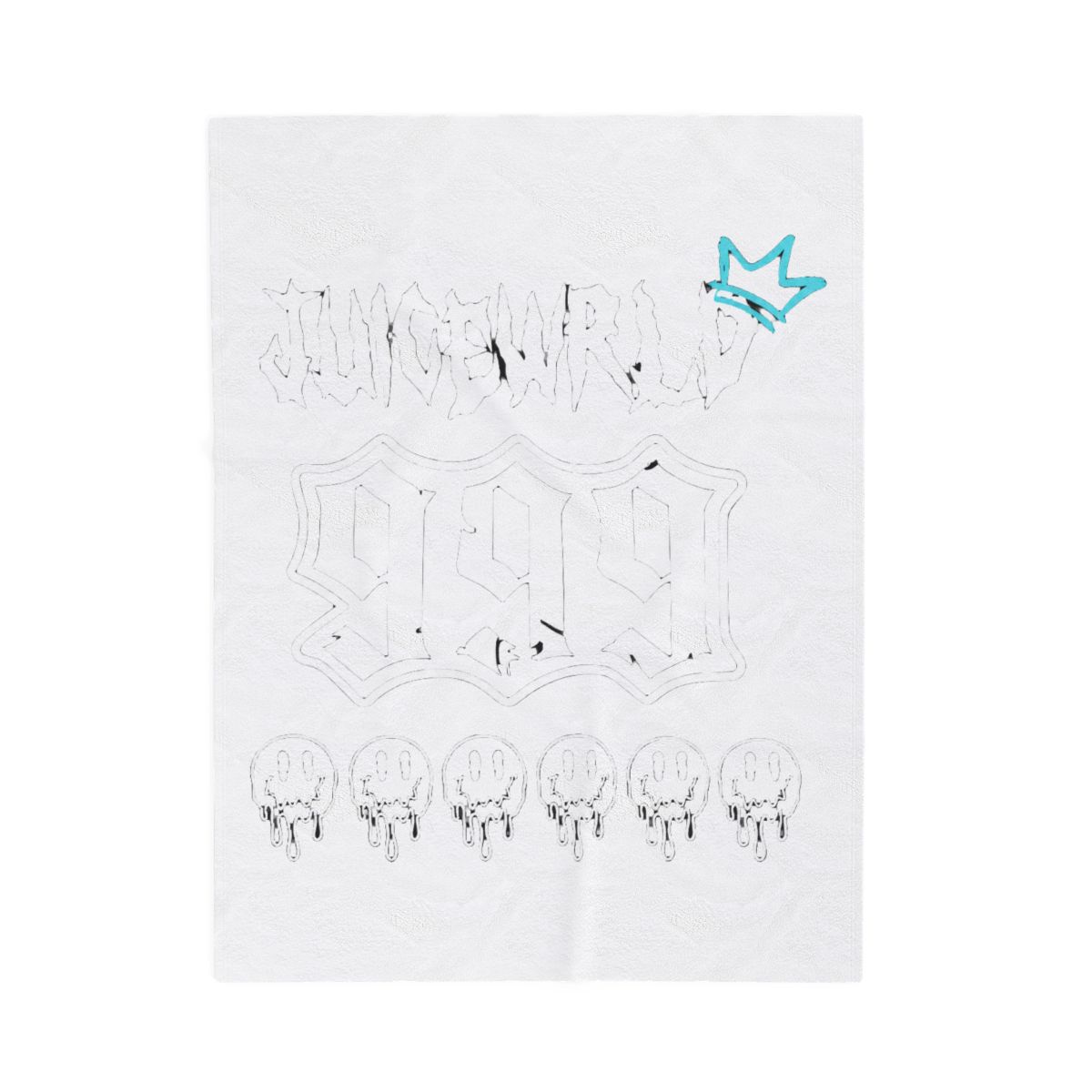 Black blanket with the white text "JUICEWRLD" and "999", and a light blue crown. Below the number are six white melting smiley faces. A blanket for fans of the artist