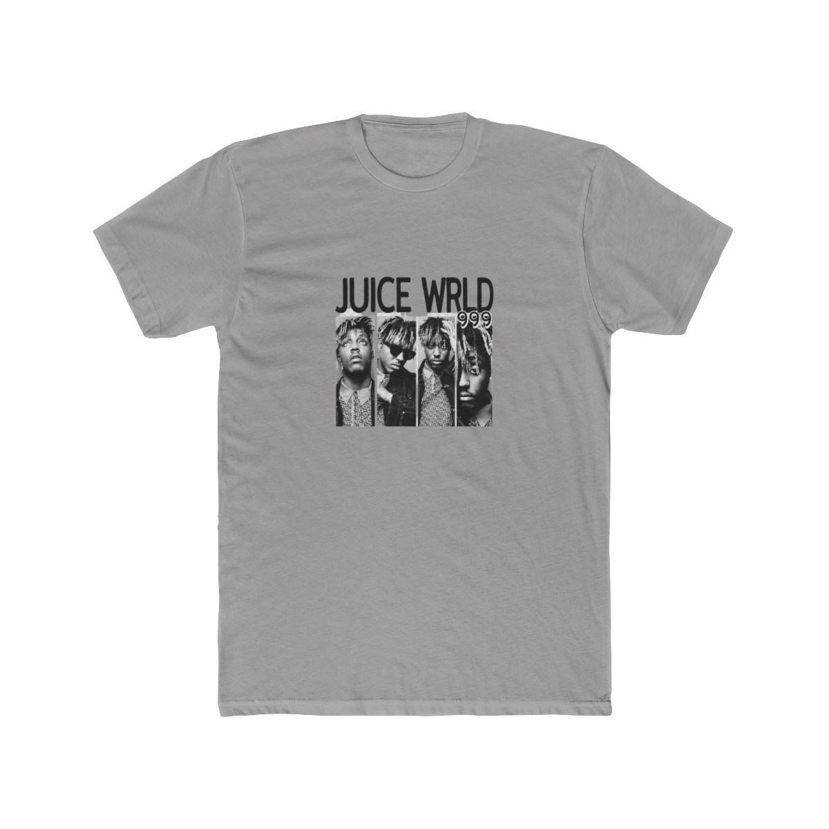 White T Shirt featuring a black and white image of Juice Wrld with the text "Juice Wrld 999"