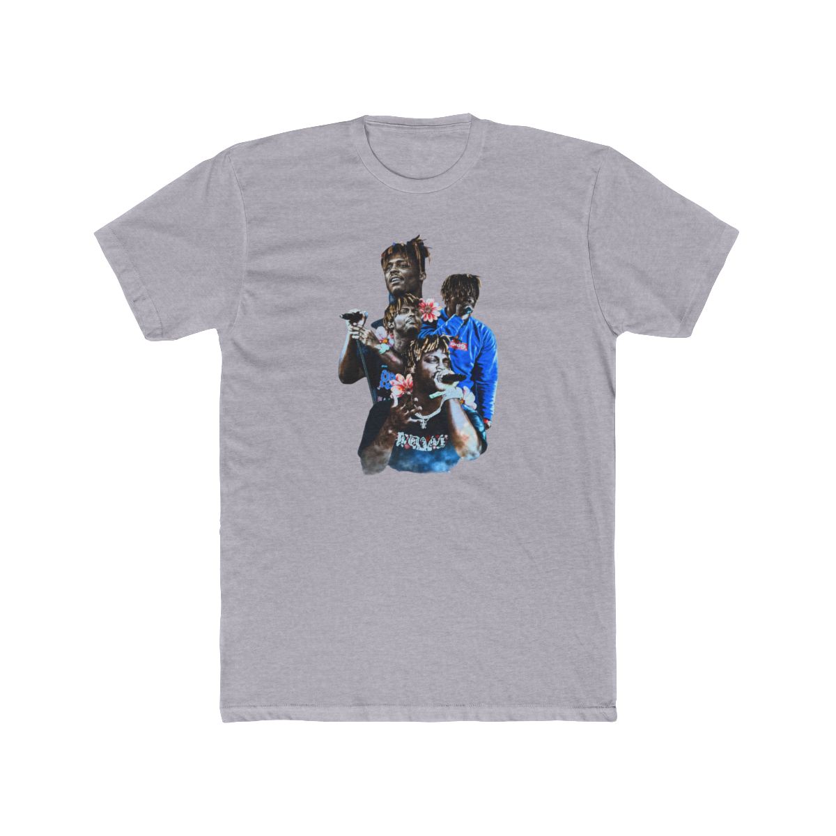 Black and blue graphic print of rapper Juice WRLD on a black T Shirt. The print features multiple images of Juice WRLD with flowers and the text "999" in white - alternate angle 5, merchandise