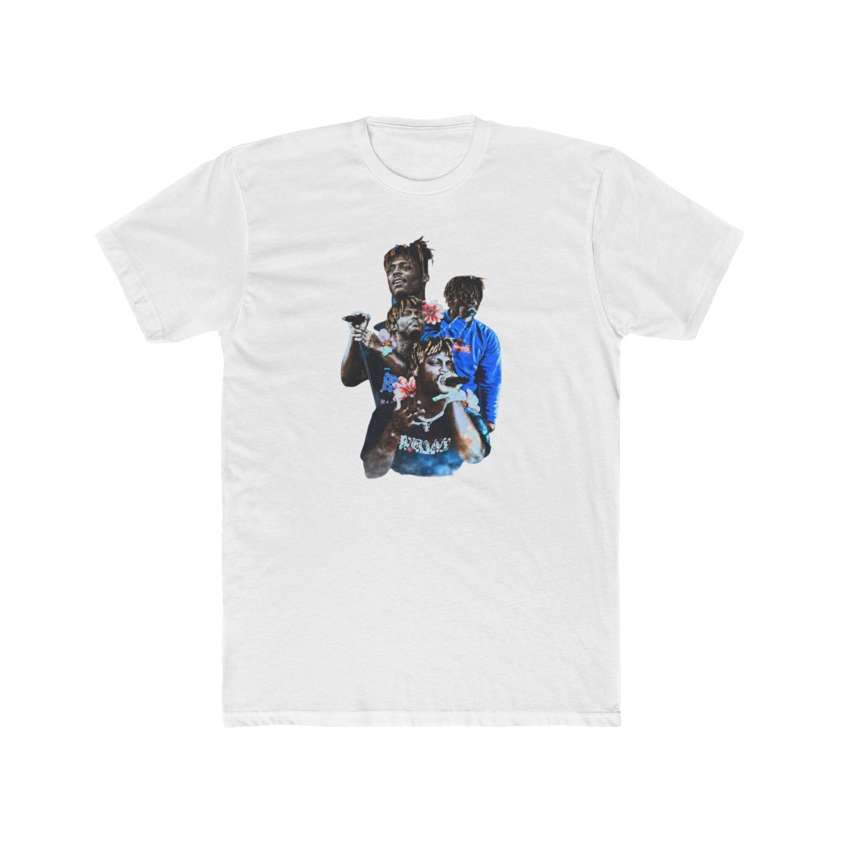 Black and blue graphic print of rapper Juice WRLD on a black T Shirt. The print features multiple images of Juice WRLD with flowers and the text "999" in white - Official t-shirts merchandise