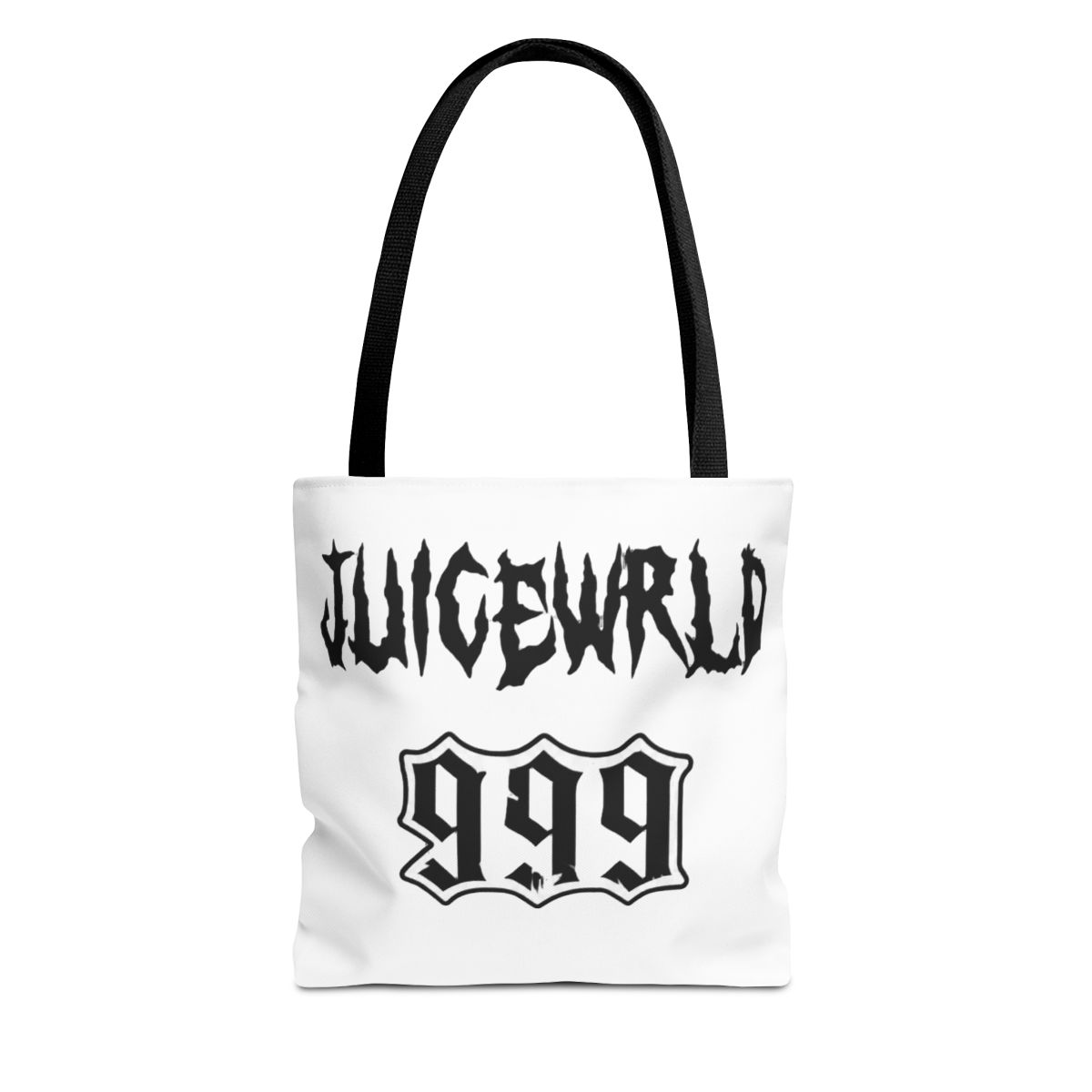 Black Bags featuring the white text "JUICEWRLD" and "999". The Bags has a front pocket and a top handle. A repeating pattern of smiling faces adorns the top of the bag