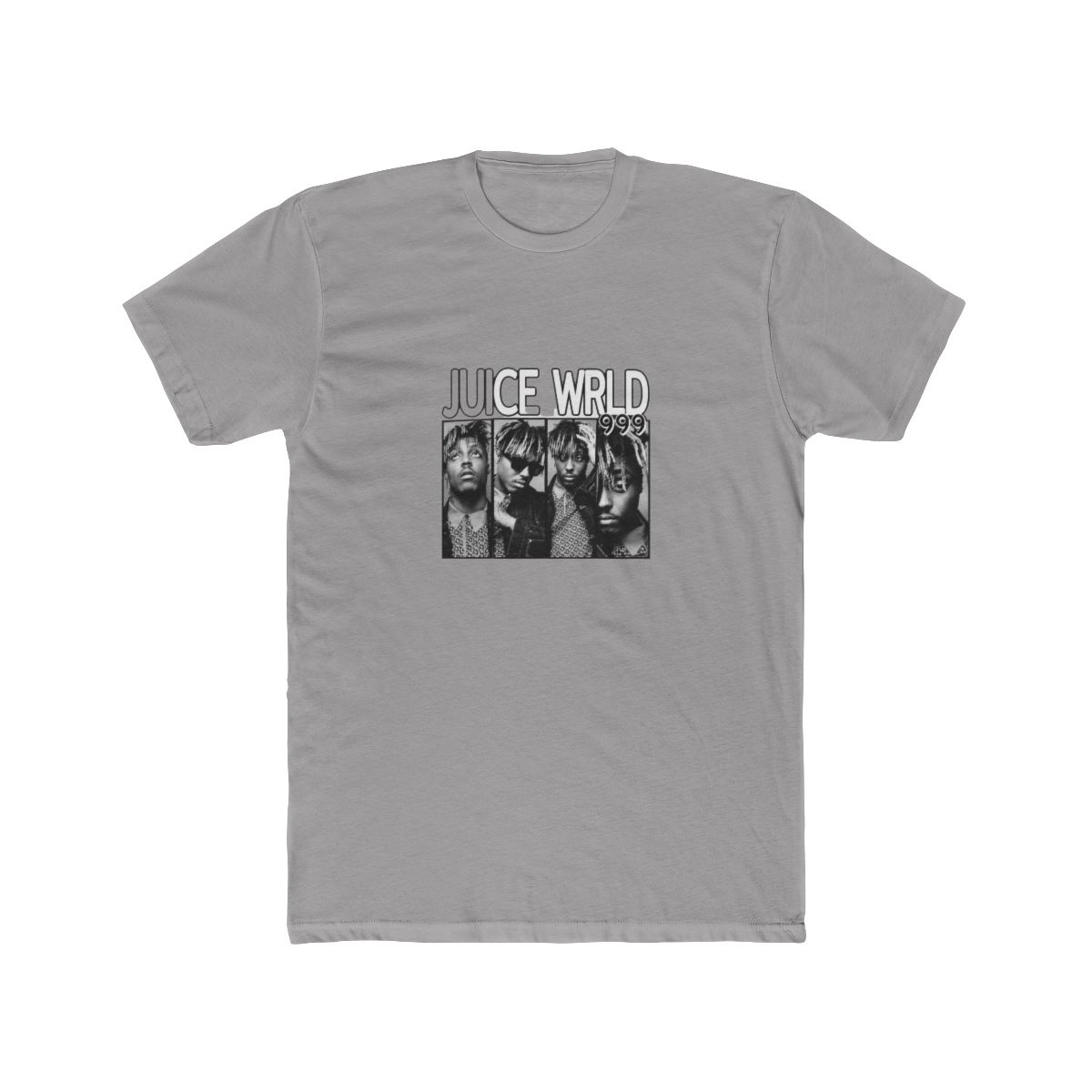 Black T Shirt with a white graphic of Juice Wrld, featuring four images of the rapper and the text "Juice Wrld 999"