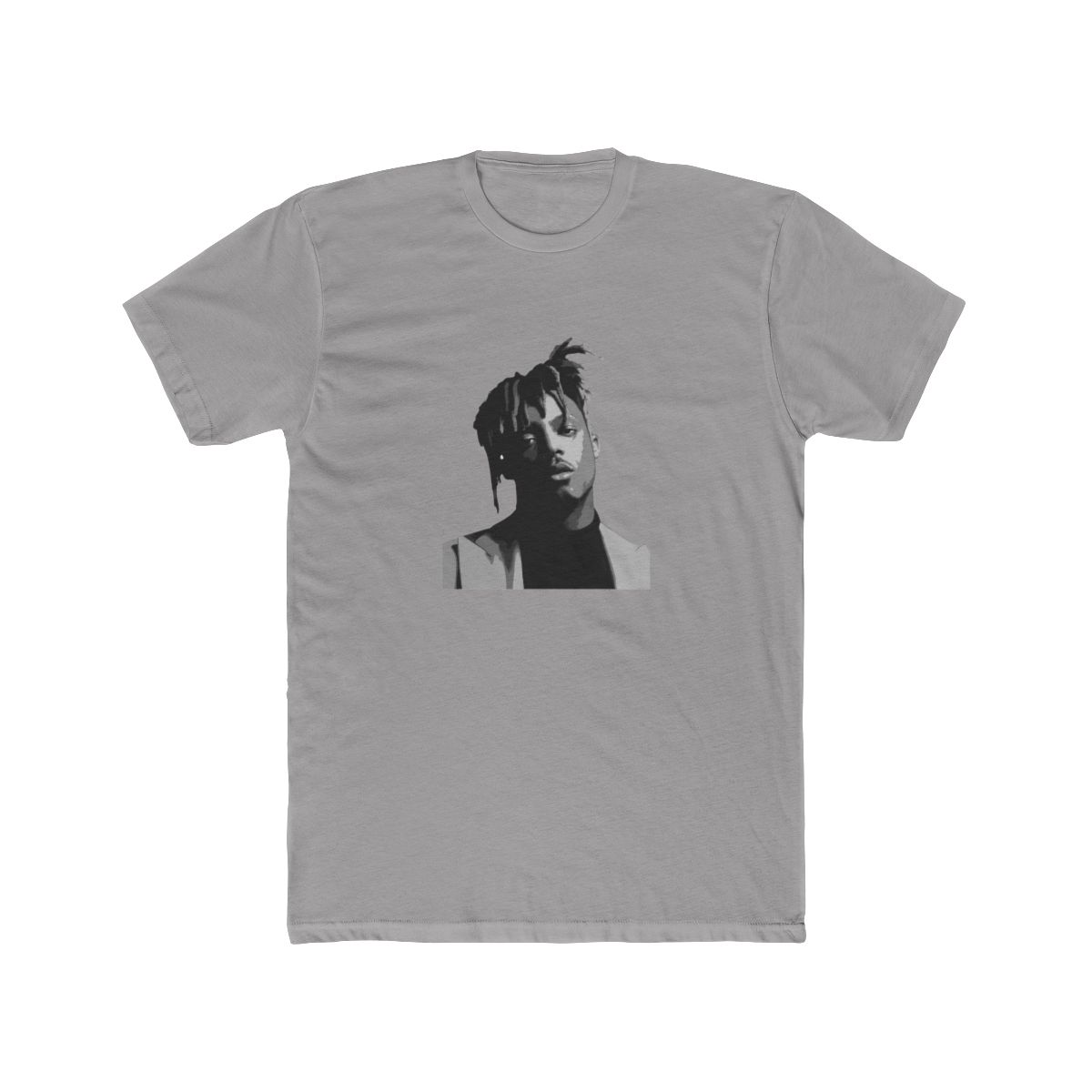 Black and white graphic T Shirt featuring a portrait of Juice WRLD with the text "Juice WRLD" repeated in a stacked pattern